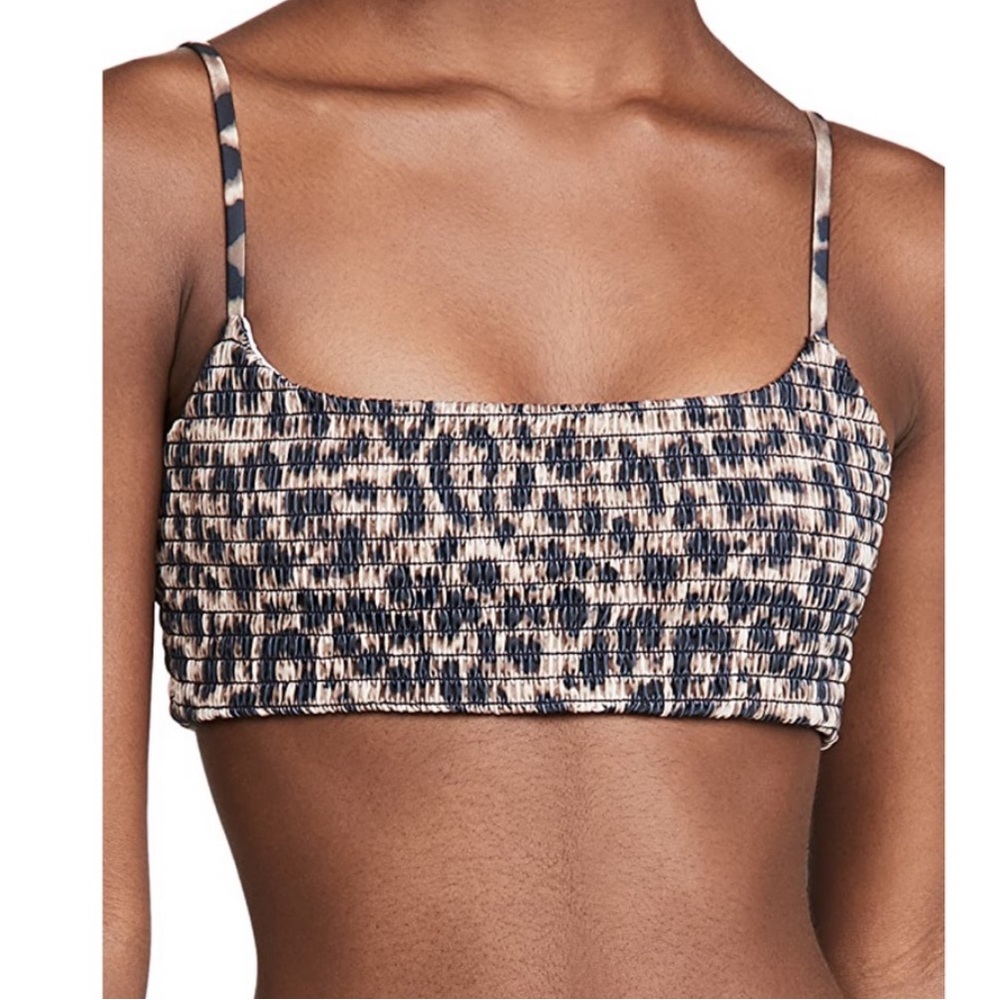 Reformation Beige and Navy Smocked Bikini Top